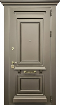 Входная термодверь с карнизом, металлическим багетом и полимерной покраской муар