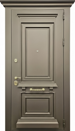 Входная термодверь с карнизом, металлическим багетом и полимерной покраской муар