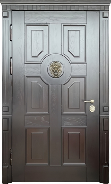 Стальная термодверь с отделкой МДФ со шпоном, карнизом и объемным элементом лев