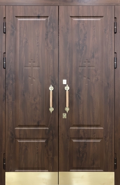 Двустворчатая стальная термодверь для храма с отбойниками и отделкой плитами МДФ